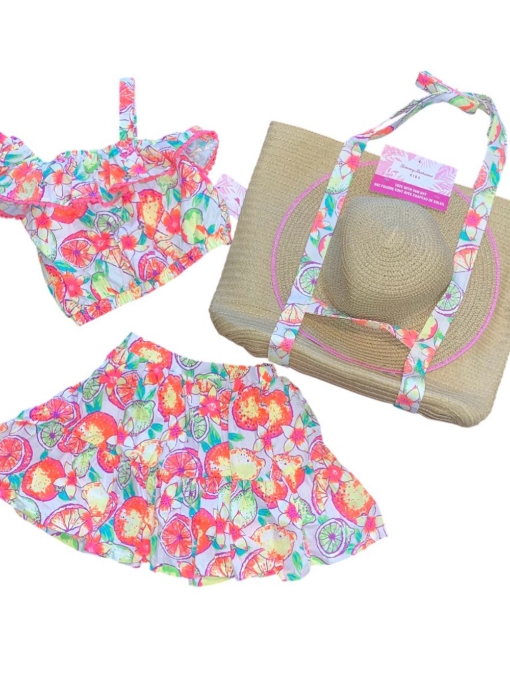 Tommy Bahama Pink Yellow Summer Ruffle Skirt Top Set Straw Hat Bag NWT Small 5/6